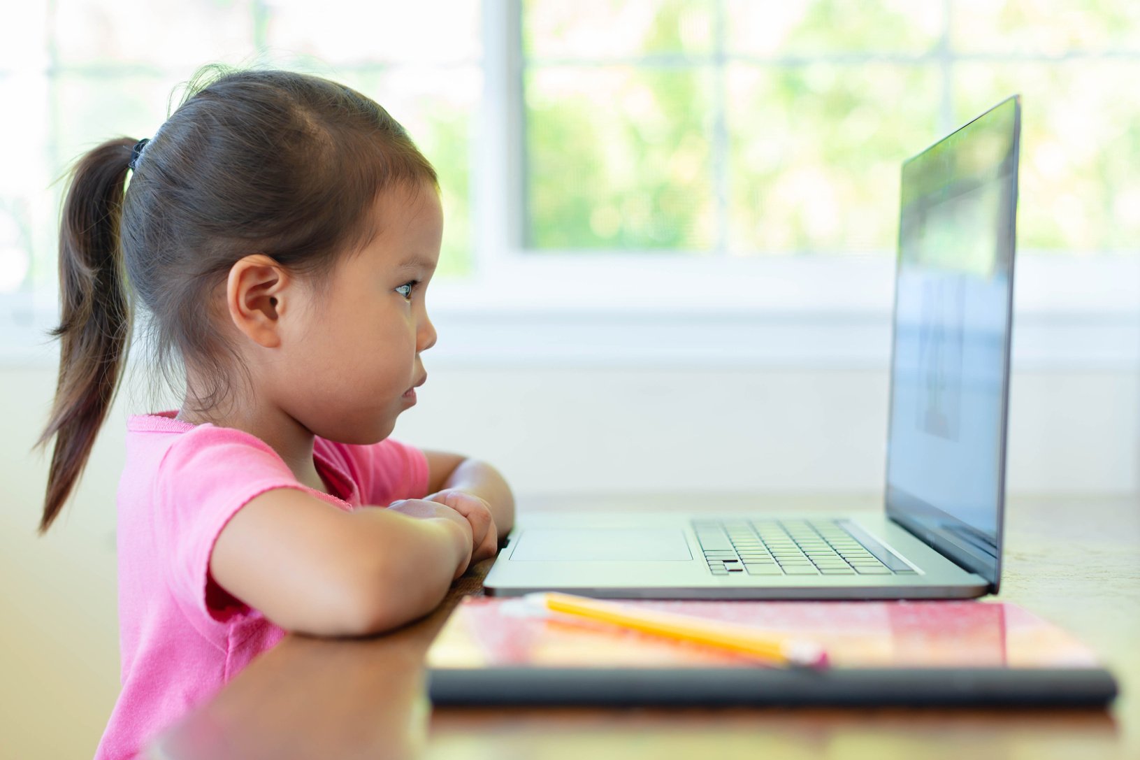 Kids distance learning on computer class at home. Online virtual school.